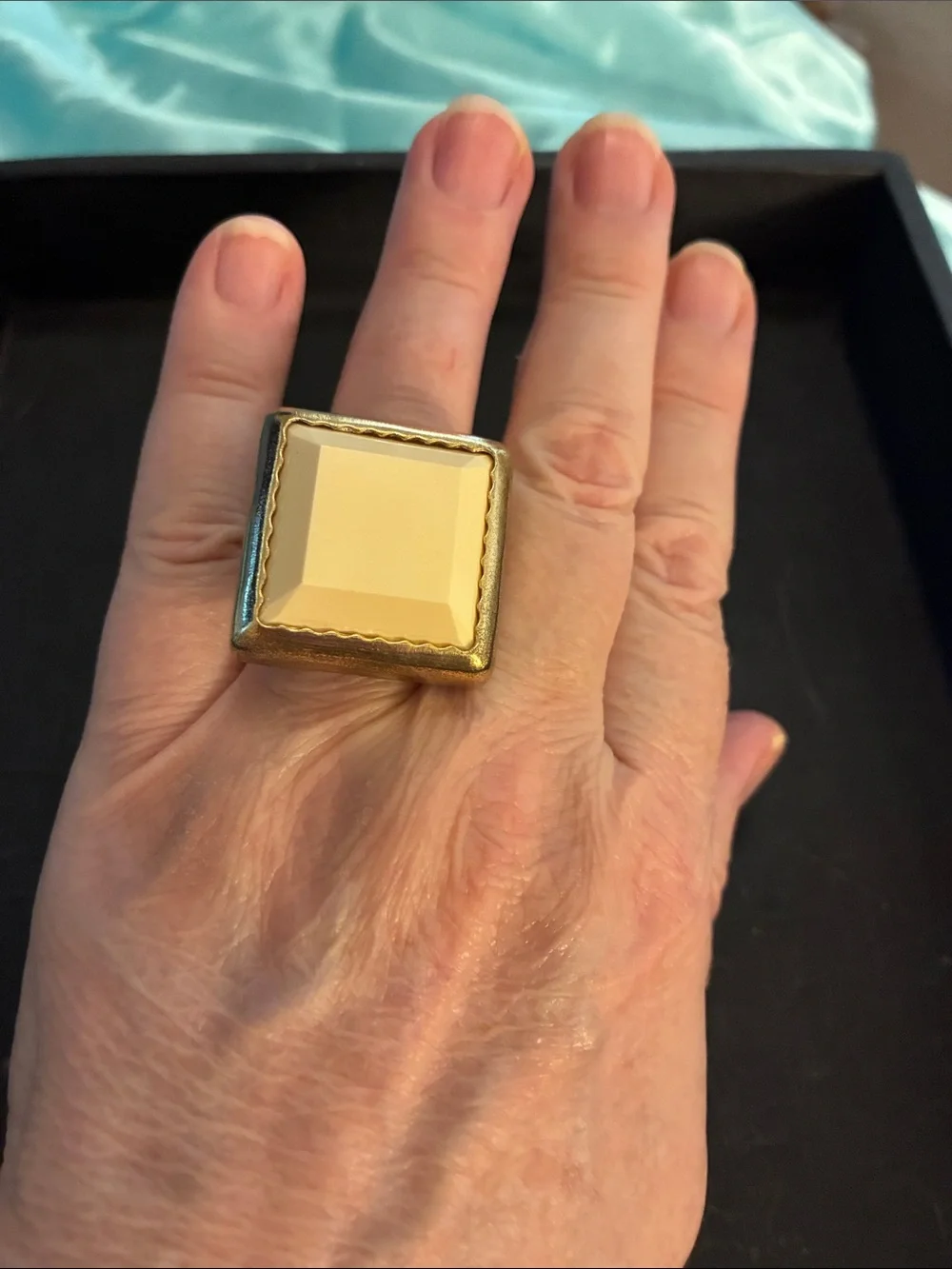 Statement Square Gold Ring with Cream Faceted Stone